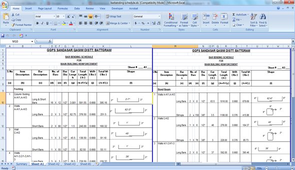 Bar bending schedule for building reinforcement