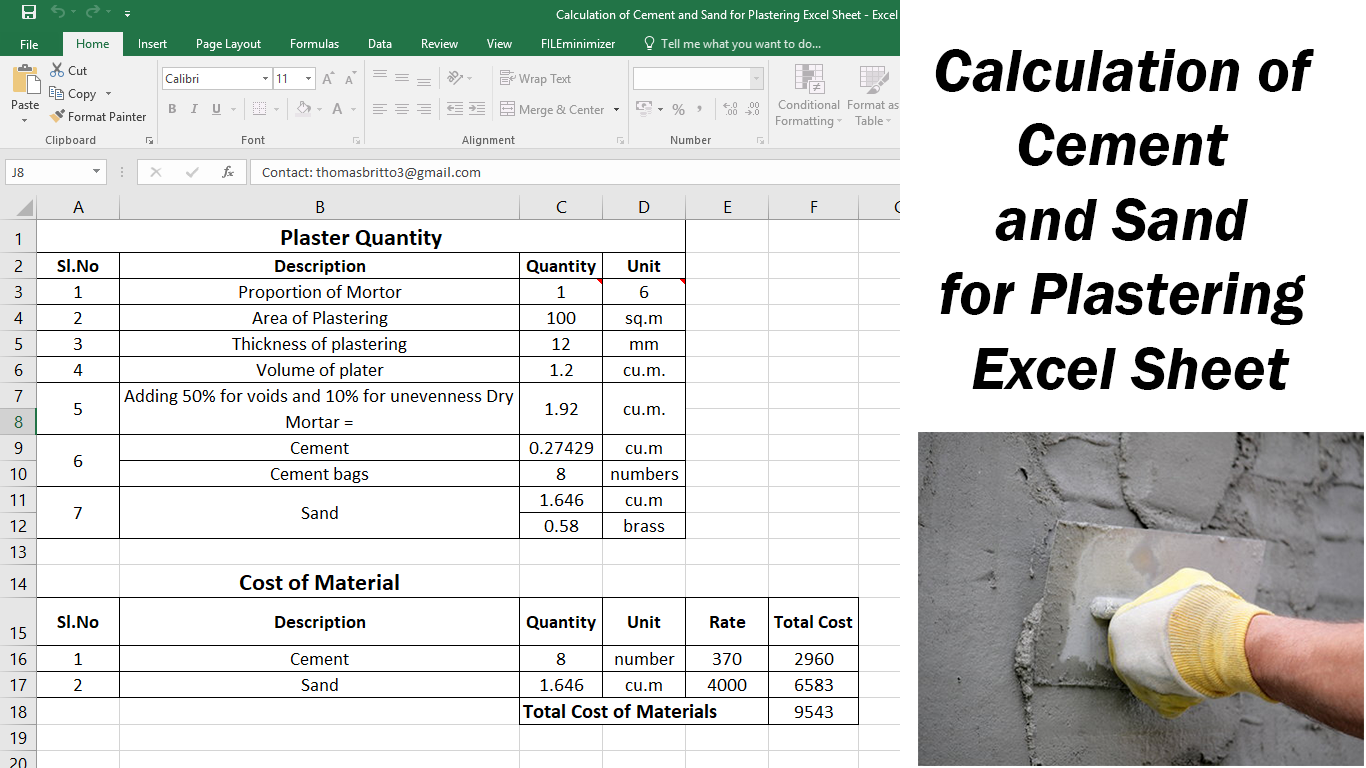 Calculation of Cement and Sand for Plastering Excel Sheet