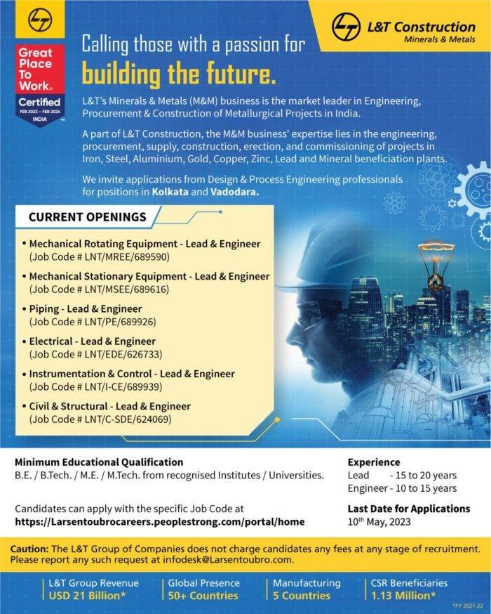 L&T Construction Hiring for Civil & Structural  Engineers
