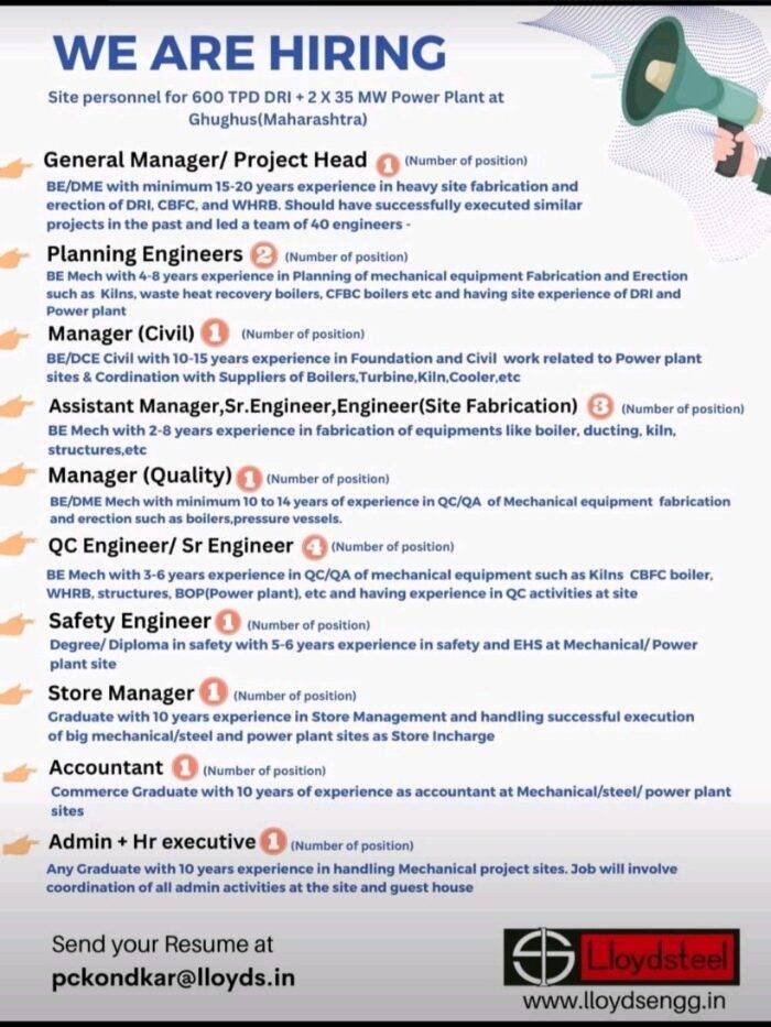 Job Openings for Engineers and Managers in Lloydsteel